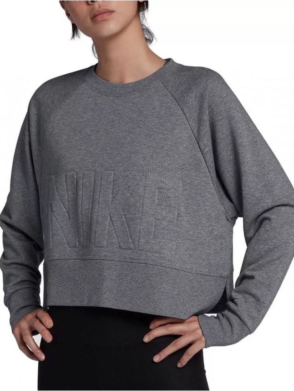 Nike Grey Pullover Crop Top Training Sweatshirt Tonal Debossed Logo Size Small